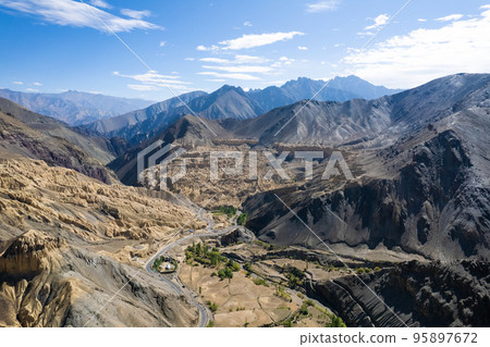 Aerial view of Lamayuru village and Lamayuru Monastery or Gompa is a tibetan style buddhist monastery in Ladakh, north India Aerial view of Lamayuru village and Lamayuru Monastery or Gompa is a tibetan style buddhist monastery in Ladakh, north India 95897672