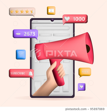 3d review SMM concept. Human hand holding loudspeaker. Megaphone with social media icons. Social media marketing concept. 3d review SMM concept. Human hand holding loudspeaker. Megaphone with social media icons. Social media marketing concept. 95897869