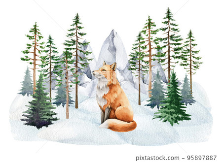 Red fox animal in winter forest landscape.... - Stock Illustration ...