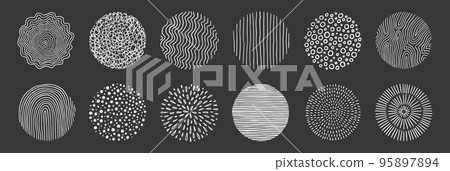 Abstract line pattern circle set. Hand drawn texture, doodle decorative line, spiral, scribble graphic round element. Circle drawn brush grunge texture. Vector 95897894