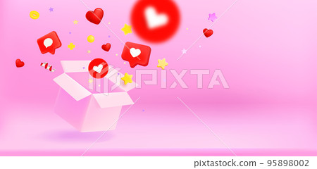 Open box with confetti and hearts. Fall in love concept. 3d vector banner with copy space Open box with confetti and hearts. Fall in love concept. 3d vector banner with copy space 95898002