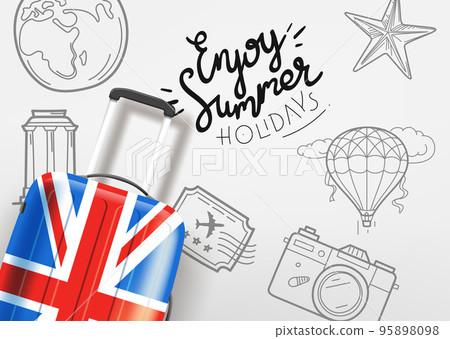 Summer travel concept. Suitcase with linear sketch illustrations 95898098