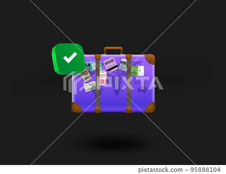 Violet travel suitcase with checkmark icon. 3d vector illustration 95898104