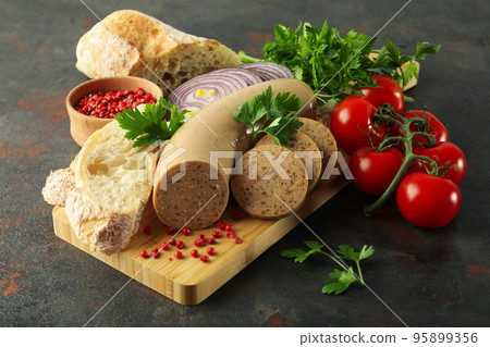 Concept of tasty food with liverwurst sausage, close up 95899356