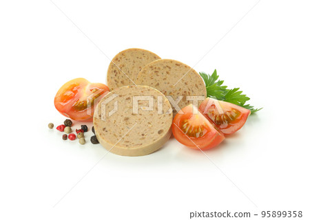 Concept of tasty food with liverwurst sausage, isolated on white background Concept of tasty food with liverwurst sausage, isolated on white background 95899358