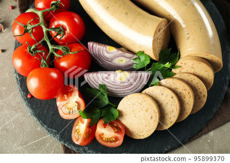 Concept of tasty food with liverwurst sausage, close up 95899370