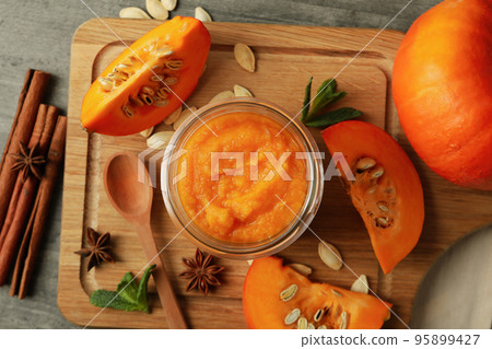 Concept of tasty food, pumpkin jam, top view 95899427