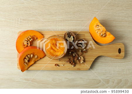 Concept of tasty food, pumpkin jam, top view 95899430