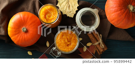 Concept of tasty food, pumpkin jam, top view 95899442