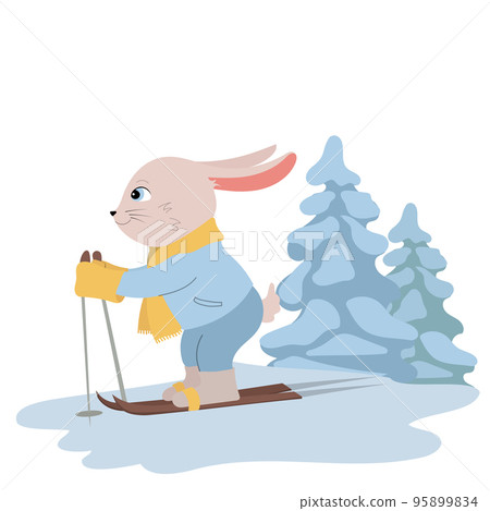 Cute Hare Animal Wearing Warm Clothes Skiing. Cute Hare Animal Wearing Warm Clothes Skiing. 95899834