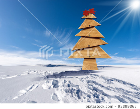 Wooden Christmas Tree with Red Comet Star on a Snowy Landscape Wooden Christmas Tree with Red Comet Star on a Snowy Landscape 95899865