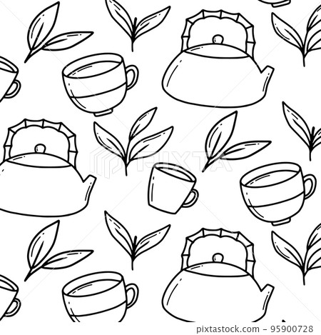 Seamless pattern with matcha. Vector illustration. Pattern with tea, teapot, tea leaves. Doodle style. Seamless pattern with matcha. Vector illustration. Pattern with tea, teapot, tea leaves. Doodle style. 95900728