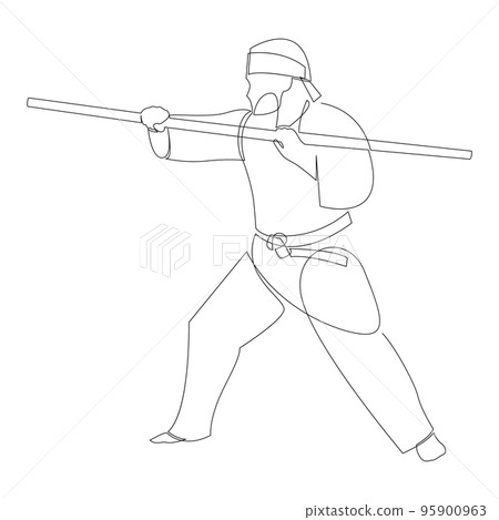 Continuous line drawing of young wushu master man, kung fu warrior in kimono with long staff on training. Martial art sport contest concept. Dynamic one line style vector illustration. 95900963