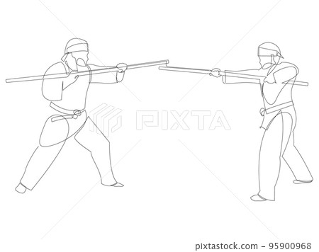 Continuous line drawing of martial arts kung fu composition with oriental battle with sticks. Vector illustration. Continuous line drawing of martial arts kung fu composition with oriental battle with sticks. Vector illustration. 95900968