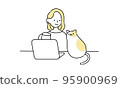 Illustration of a woman doing remote work with a cat in the living room 95900969