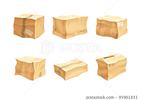 Crumpled Cardboard Box with Corrugated Sides as Packaging and Shipping Container Vector Set 95901831