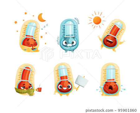 Cartoon Thermometer Character Engaged in Different Activity Vector Set 95901860