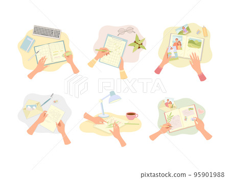 Hands Writing in Notepad and Clipboard on Paper and Drawing Vector Set Hands Writing in Notepad and Clipboard on Paper and Drawing Vector Set 95901988