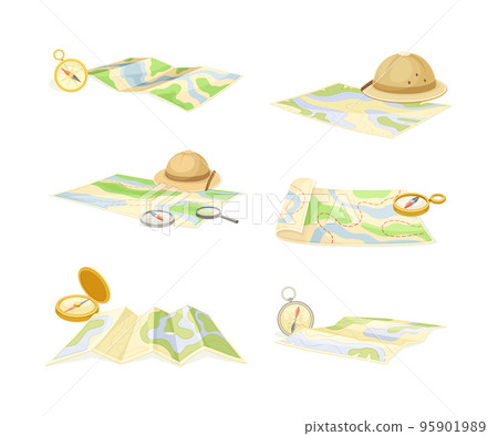 Expedition Map Depicting Geography and Route of Tourist Journey with Compass and Hat Vector Set 95901989