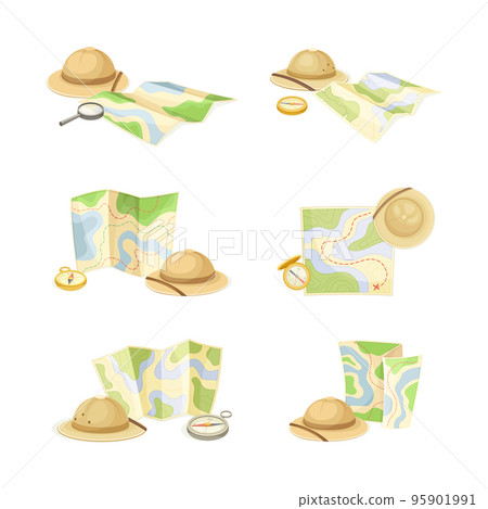 Expedition Map Depicting Geography and Route of Tourist Journey with Compass and Hat Vector Set 95901991