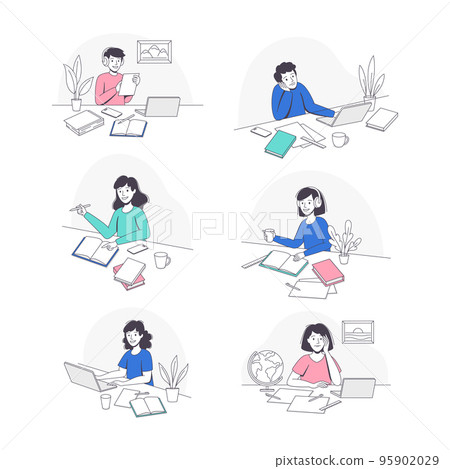 Teen Boy and Girl Doing Homework Sitting at Desk Studying with Book and Computer Vector Set 95902029