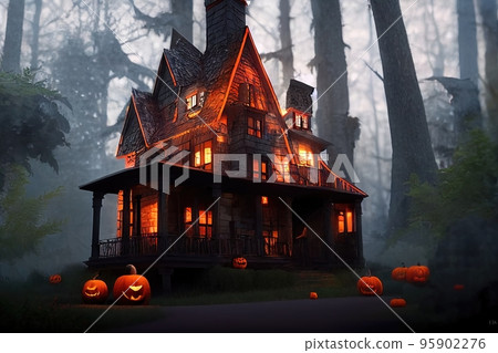 Black and orange house with Halloween theme, 3d render Black and orange house with Halloween theme, 3d render 95902276