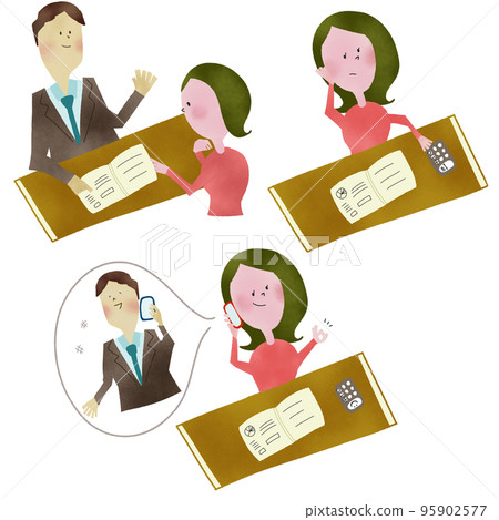 家庭主婦聽推銷員談論產品並完成合同的一組插圖 家庭主婦聽推銷員談論產品並完成合同的一組插圖 95902577