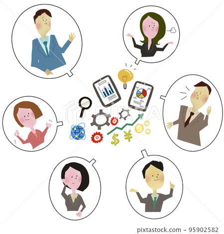 Illustration of business goods with six project members talking and exchanging opinions about a certain project 95902582