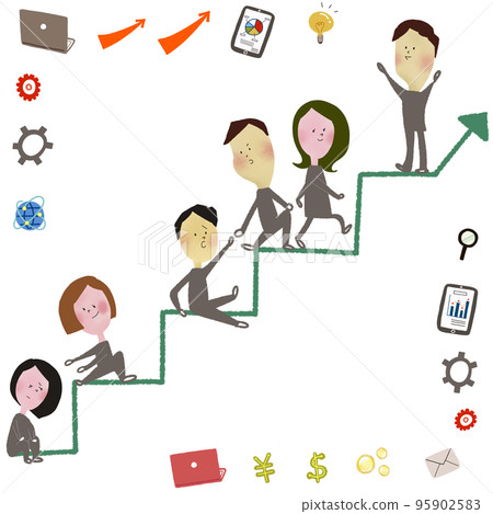 Illustration of six office workers stepping up the stairs while helping each other toward a certain goal Illustration of six office workers stepping up the stairs while helping each other toward a certain goal 95902583