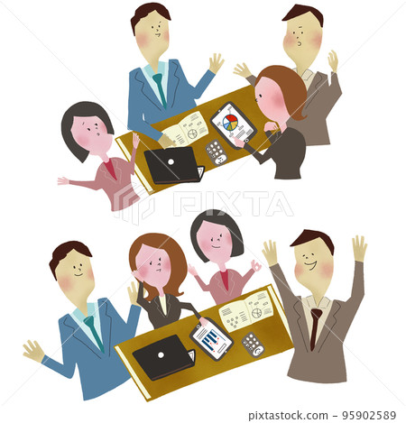 一張會議上認真討論的插圖和兩張高興地看到會議結果的四名男性和女性上班族的插圖 95902589