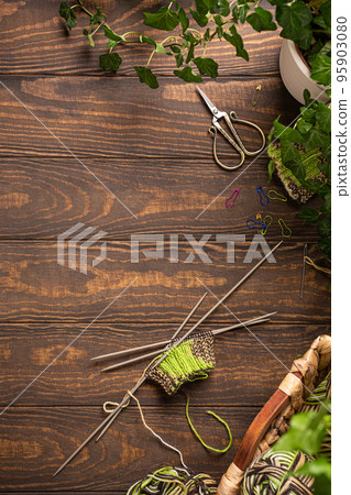 Female hobby knitting. Knitting project in progress 95903080