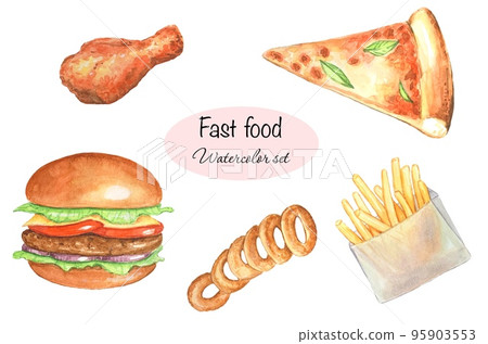 Set of watercolor illustrations of fast food, hamburger, french fries, pizza, chicken leg, onion rings 95903553