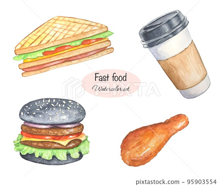 Set of watercolor illustrations of fast food, hamburger, sandwich, chicken leg, coffee Set of watercolor illustrations of fast food, hamburger, sandwich, chicken leg, coffee 95903554
