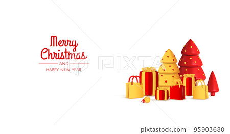 Happy New Year. Christmas background design, Christmas trees, decorative balls. Festive gift card, holiday poster, web banner, website header. 95903680