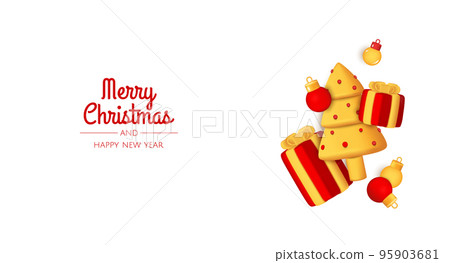 Merry Christmas and Happy New Year. Xmas Festive background with realistic 3d balls, gift and chrisrmas tree. 95903681