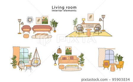 A set of sketches of furniture for the living room, hand-drawn in the Art Nouveau and vintage style, boho. Vector illustration A set of sketches of furniture for the living room, hand-drawn in the Art Nouveau and vintage style, boho. Vector illustration 95903834