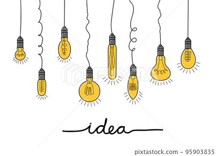 A hand-drawn light bulb with an idea hanging down, a symbol of the idea, a simple sketch in the style of doodles. Flat vector illustration. A hand-drawn light bulb with an idea hanging down, a symbol of the idea, a simple sketch in the style of doodles. Flat vector illustration. 95903835