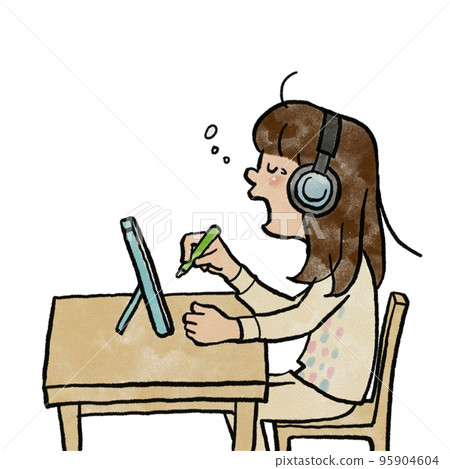 一個女孩早上在平板電腦上學習 95904604