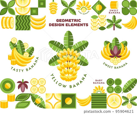 Set of yellow banana design elements and logos in simple geometric style. Abstract shapes. Good for branding, decoration of food package, cover design, decorative print, background. Inspired Bauhaus. Set of yellow banana design elements and logos in simple geometric style. Abstract shapes. Good for branding, decoration of food package, cover design, decorative print, background. Inspired Bauhaus. 95904621