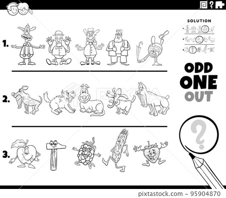 odd one out puzzle with cartoon characters coloring page 95904870