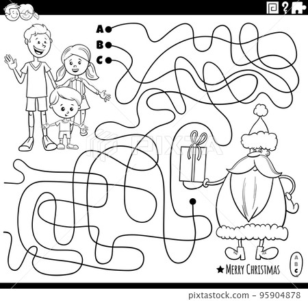 maze with Santa Claus with gift and kids coloring page 95904878