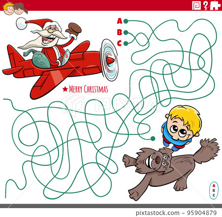 maze game with cartoon Santa Claus in airplane and boy 95904879