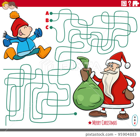 maze with cartoon Santa Claus with sack of gifts and little boy 95904883