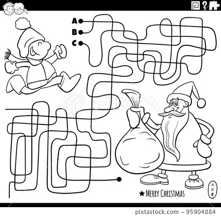 maze with Santa Claus with gifts and little boy coloring page 95904884