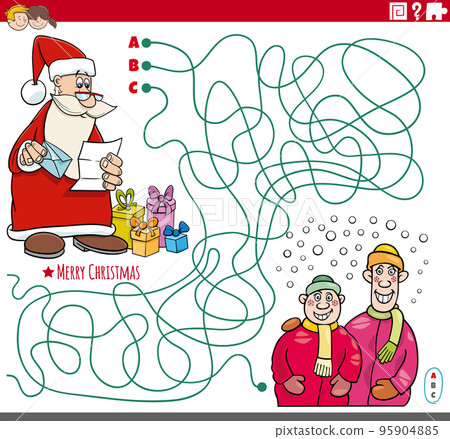 maze game with cartoon Santa Claus with gifts and boys 95904885