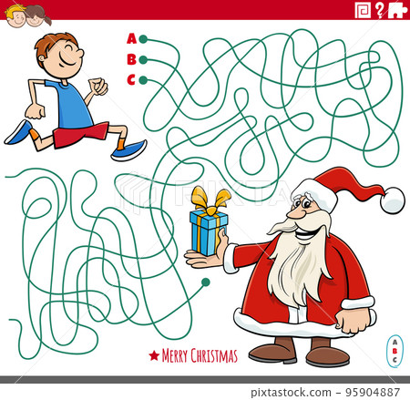 maze with cartoon Santa Claus with present and little boy 95904887