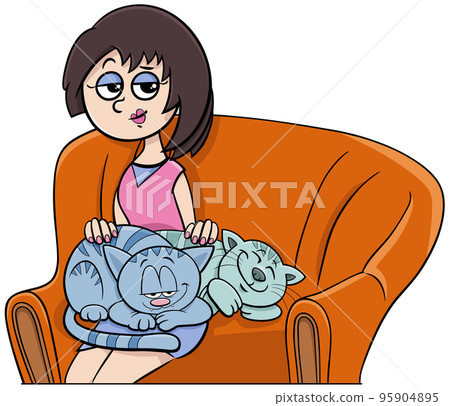 woman with her cats on the armchair cartoon illustration woman with her cats on the armchair cartoon illustration 95904895