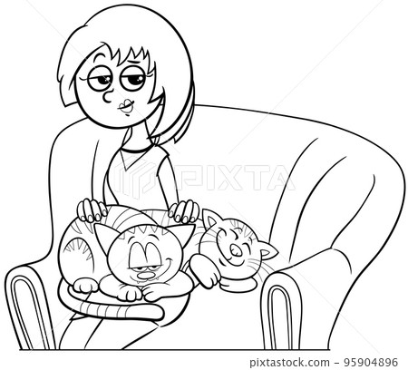 cartoon woman with her cats on the armchair coloring page 95904896