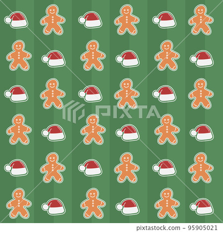 Seamless christmas pattern with gingerbread man and santa hat on green Seamless christmas pattern with gingerbread man and santa hat on green 95905021