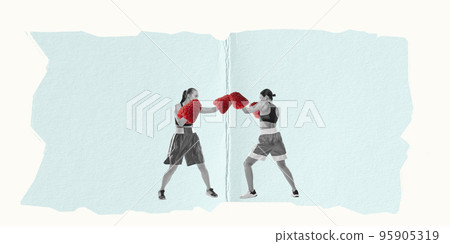 Creative artwork in retro style. Punch. Dynamic portrait of two female professional boxers boxing 95905319